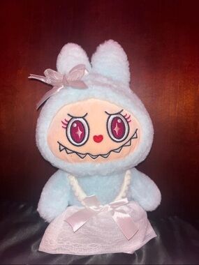 Labubu Plush Blue Doll with Pink Dress and Bow